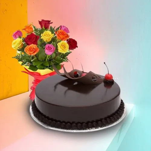 Gift Online Mixed Roses with Chocolate Cake