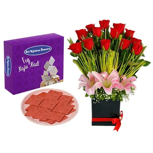 Sri Krishna Sweets Fig Kathli with Designer Flower Arrangement