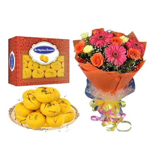 Sri Krishna Sweets Kesar Peda with Seasonal Flower Bouquet