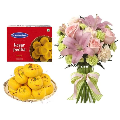 Sri Krishna Sweets Kesar Peda with Flowers Bouquet