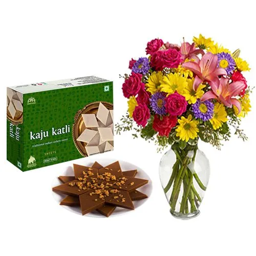 Famous Adyar Ananda Bhawan Palmsugar Kaju Kathily with Mixed Flower Arrangement