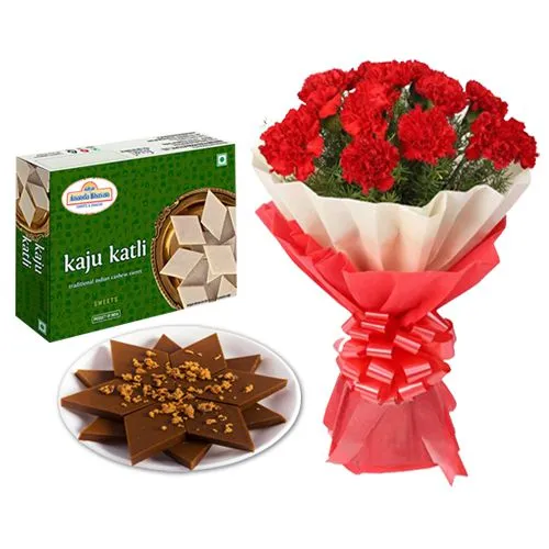 Adyar Ananda Bhawan Palmsugar Kaju Kathily with Red Carnation Tissue Wrapped Bouquet