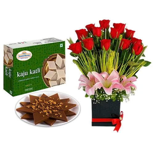 Famous Adyar Ananda Bhawan Palmsugar Kaju Kathily with Designer Flower Arrangement
