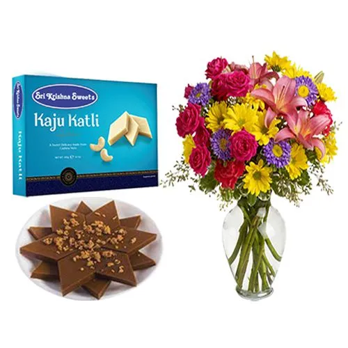 Sri Krishna Sweets Karupatti Katli with Mixed Flower Arrangement