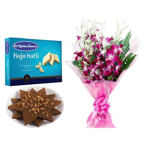 Sri Krishna Sweets Karupatti Katli with Orchid Bouquet
