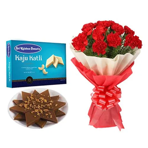 Sri Krishna Sweets Karupatti Katli with Red Carnation Tissue Wrapped Bouquet