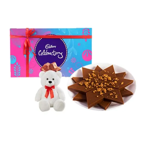 Adyar Ananda Bhawan Palmsugar Kaju Kathily with a Teddy N Cadbury Celebration Chocolate Pack