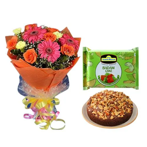 Combo of Adyar Ananda Bhawan Badam Cake with Mixed Flower Bouquet