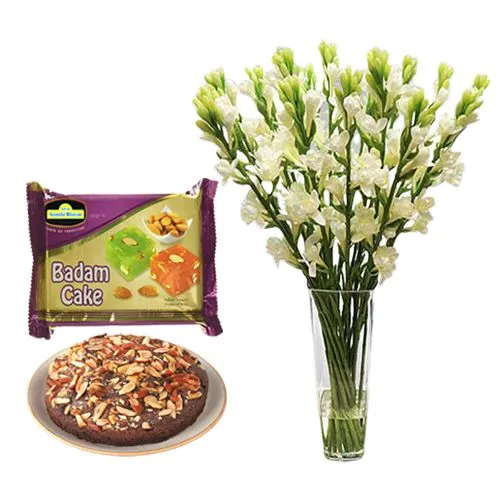 Gift of Adyar Ananda Bhawan Badam Cake with Rajnigandha Stems in a Glass Vase