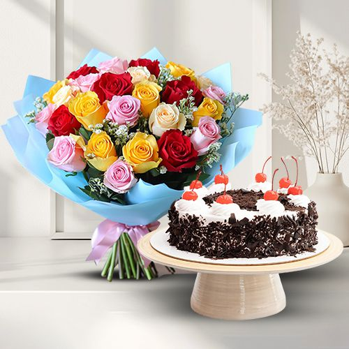 Order Bunch of Mixed Roses N Black Forest Cake Online