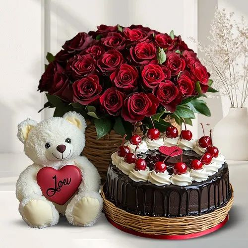 Gift Red Roses Basket with Black Forest Cake N Teddy