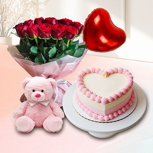 Shop Online Red Roses Bunch with Love Cake, Teddy N Balloons