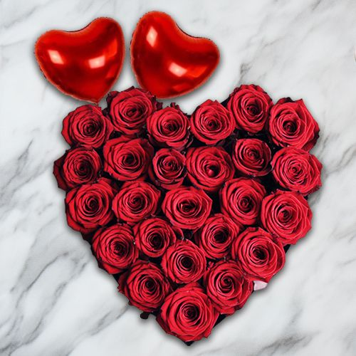 Dutch Red Roses in Heart Shape Arrangement with 2 Heart Shape Balloons