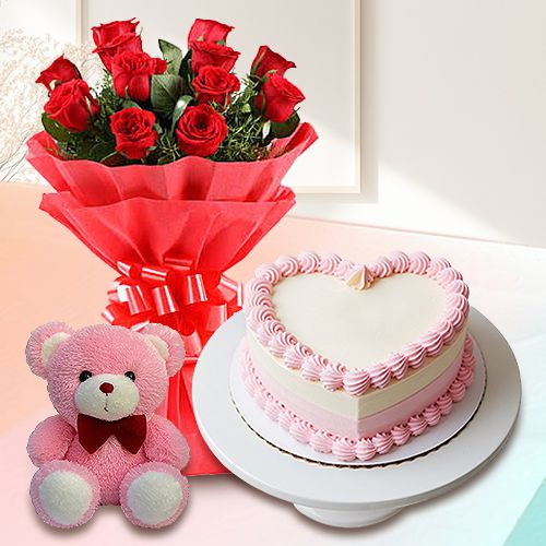 Deliver Red Roses with Teddy N Heart Shaped Cake