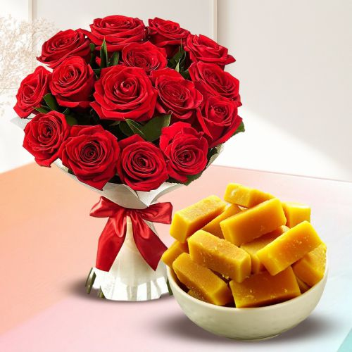 Order Red Roses with Anand Bhawan Mysore Pak