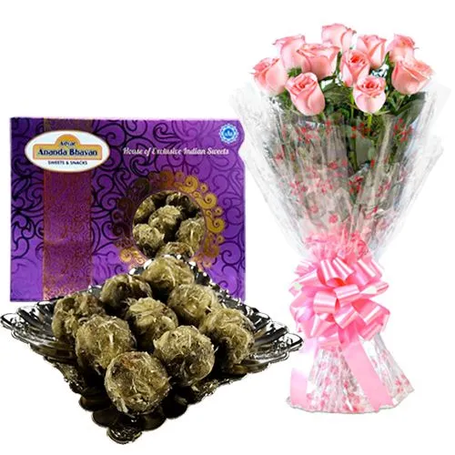 Delightful Pink Roses with Raja Laddu from Ananda Bhawan Chennai