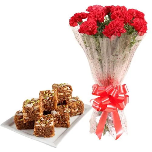 Lovely Red Carnations with Dodha Burfi from Ananda Bhawan Chennai	