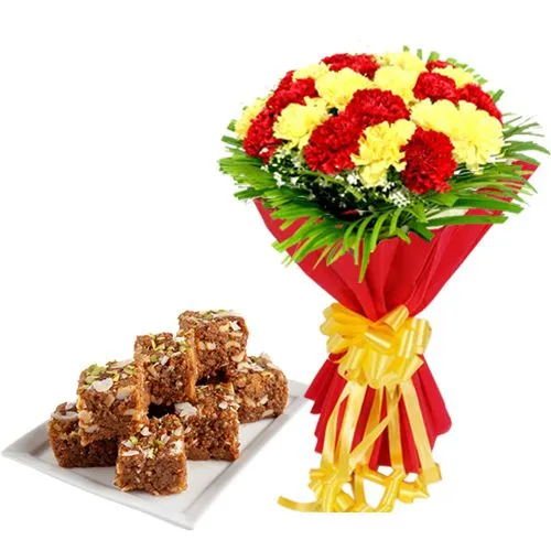 Pretty Carnations Bouquet with Dodha Burfi from Ananda Bhawan Chennai