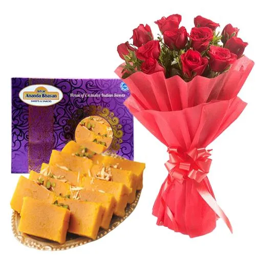 Radiant Red Roses with Kaju Mysore Pak from Ananda Bhawan Chennai