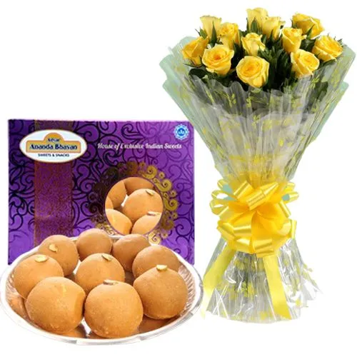 Brilliant Yellow Roses Bunch with Besan Laddu from Ananda Bhawan Chennai