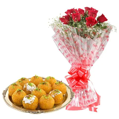 Elegant Red Roses with Mothi Laddu from Ananda Bhawan Chennai