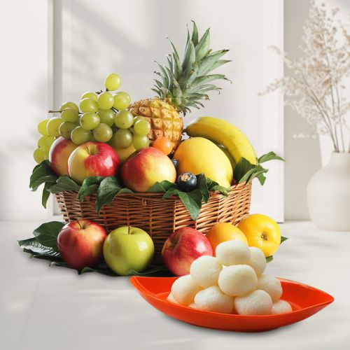 Scrumptious Fresh Fruits Basket with Haldiram Rasgulla