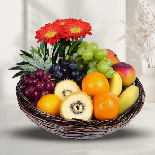 Nourishing Mixed Fruit Basket with Flowering Decoration
