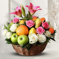 Elegant Fresh Fruits Basket decorated with Lily and Roses