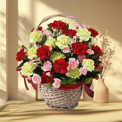 Pretty Basket with 15 Assorted Carnations