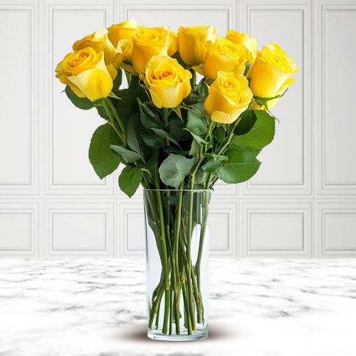 Charming Twelve Yellow Roses in a Vase with Full of Love