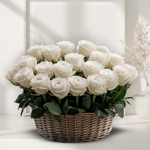 Fabulous Arrangement of Pure White Roses in Basket
