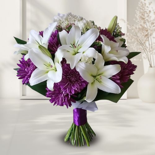 Mesmerizing Bouquet of White Asiatic Lily with Purple Chrysanthemum