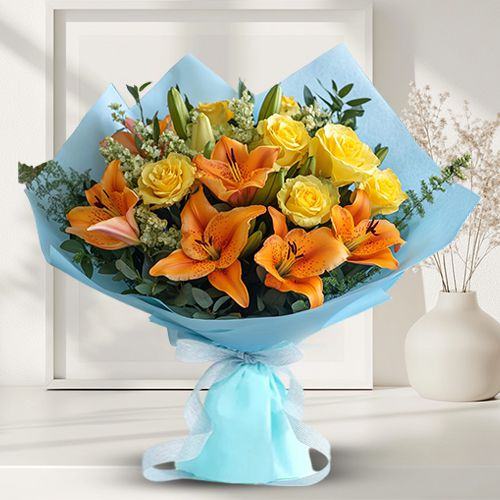 Gorgeous Arrangement of Orange Lily with Yellow Roses