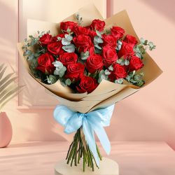 Romantic Red Roses Tissue Wrapped Bouquet