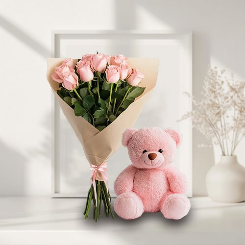 Bouquet of Pink Roses N Teddy for V-Day