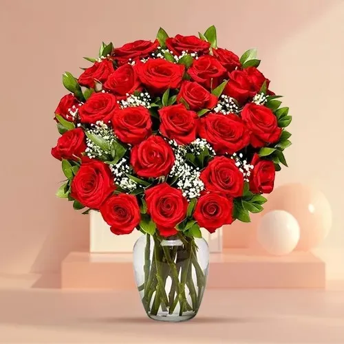 Romantic Deep Dark Red Roses in a Glass Vase