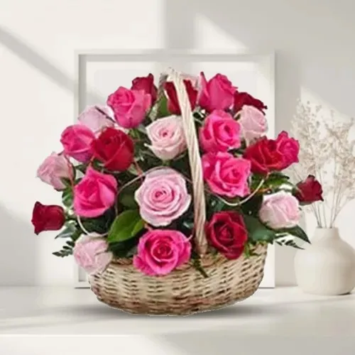 Charming Just for You 15 Pink N Red Roses Basket