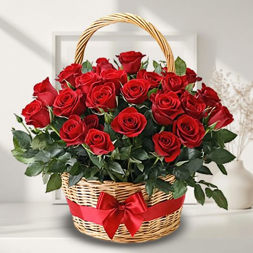 Sun-Kissed Assemble of Red Roses in a Basket