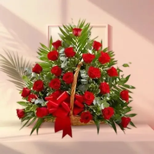 Exotic Selection of 30 Red Color Roses in a Basket
