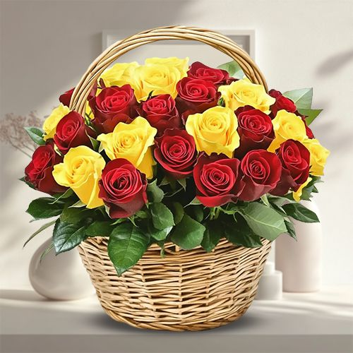 Vibrant Selection of Yellow and Red Coloured Roses in Basket