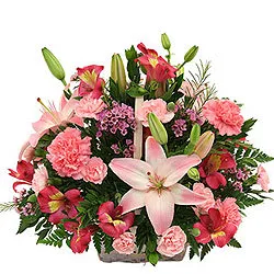 Blossoming Presentation of Mixed Flowers Basket with Petite Fillers