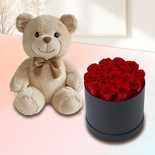 Lovely Red Roses in a Black Hat Box with Cute Teddy