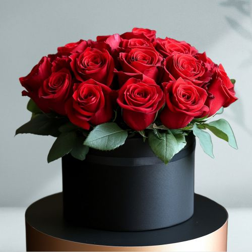 Striking Red Roses Black Hat Box