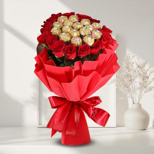 Elegant Red Roses N Ferrero Rocher Bouquet with Tissue Wrapping
