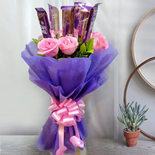 Luminous Pink Roses N Cadbury Dairy Milk Bouquet