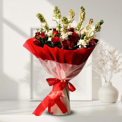 Pristine Red Roses n White Rajnigandha Bouquet for Congratulations