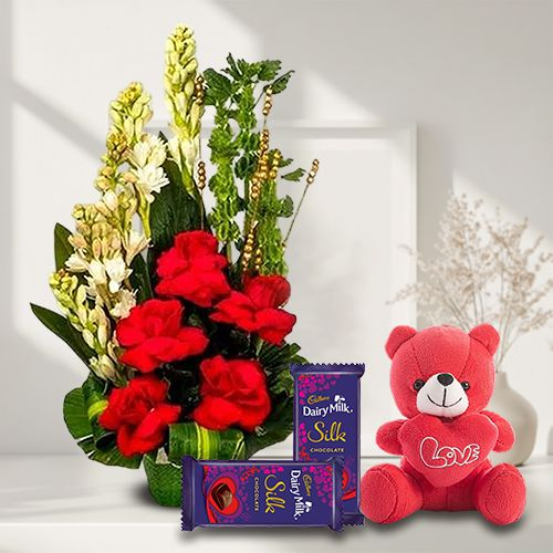 Mesmerizing Fresh Flowers with Teddy n Cadbury Chocolates Gift Combo