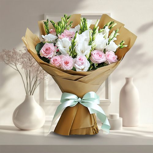 Gorgeous Pink Roses n White Gladiolus Bouquet