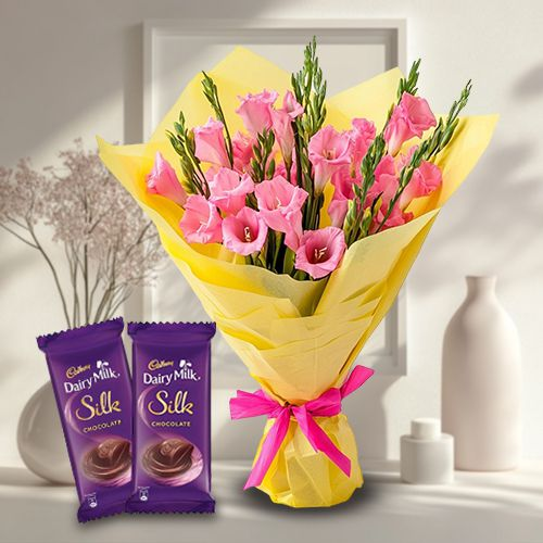 Pristine Pink Gladiolus Bouquet with Cadbury Dairy Milk Silk