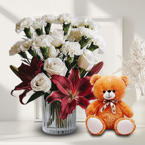 Amazing Fresh Flowers Arrangement in Glass Vase with Teddy